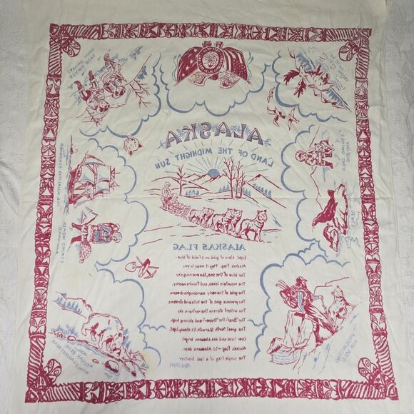 Alaska Eskimo Screen Print Souvenir Table Cover Vintage Marie Drake 1950s Linen - Picture 3 of 13